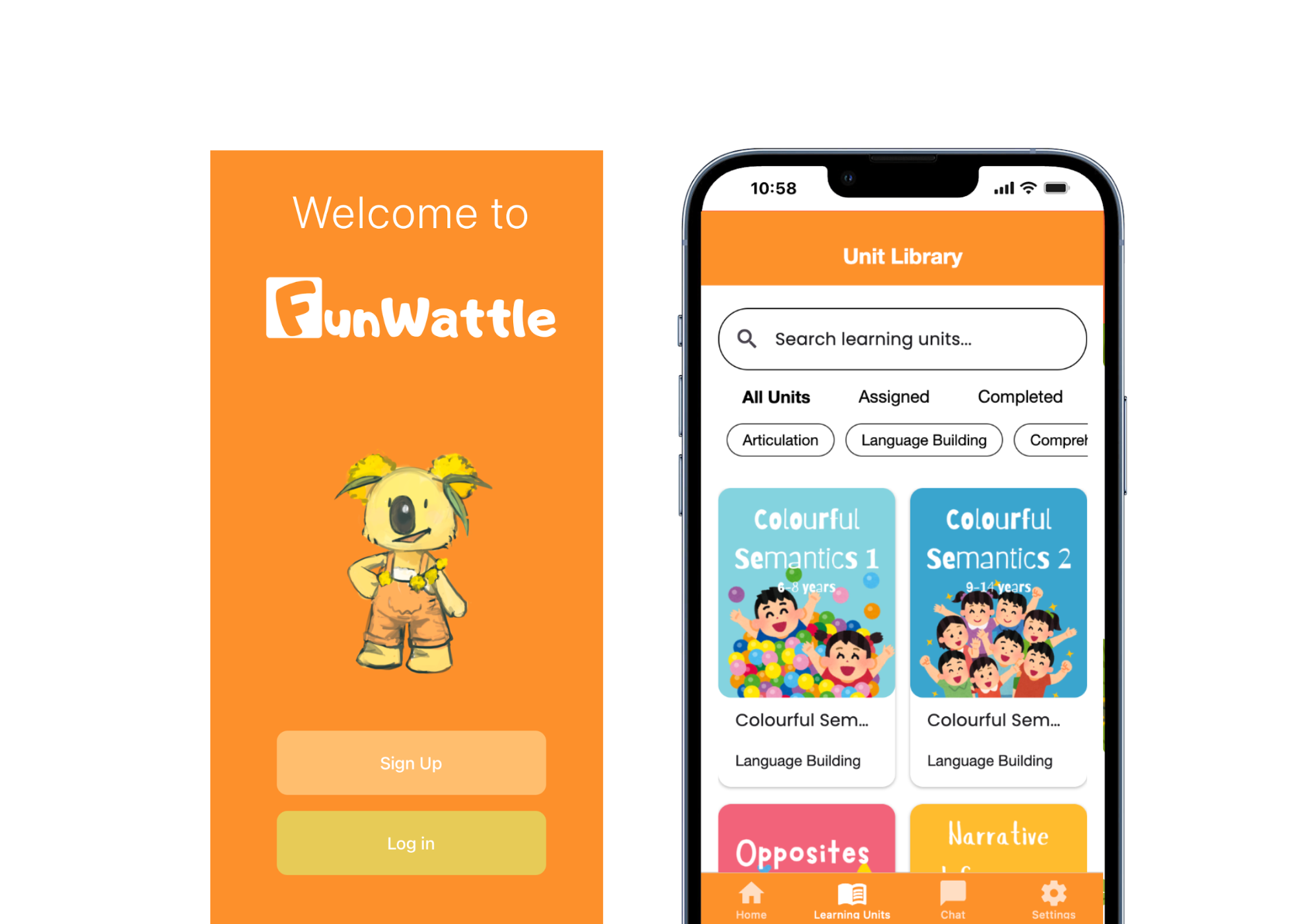 A look at the UI for the parent and therapist dashboards, which allow them to sign up or log in, and assign learning units to the child
