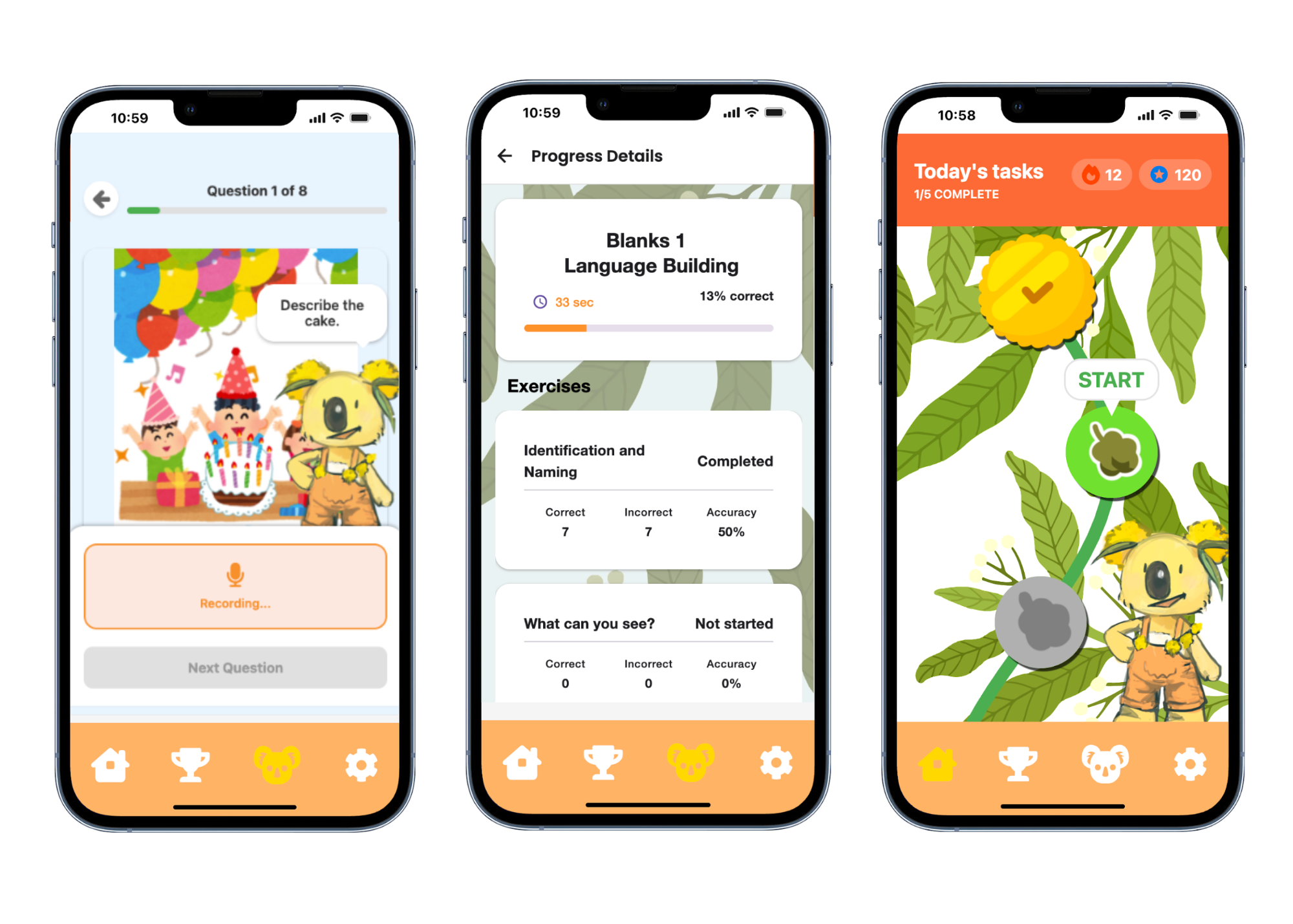A look at the child dashboard UI, which is inspired by the Australian golden wattle, and the AI-powered speech therapist exercise interface