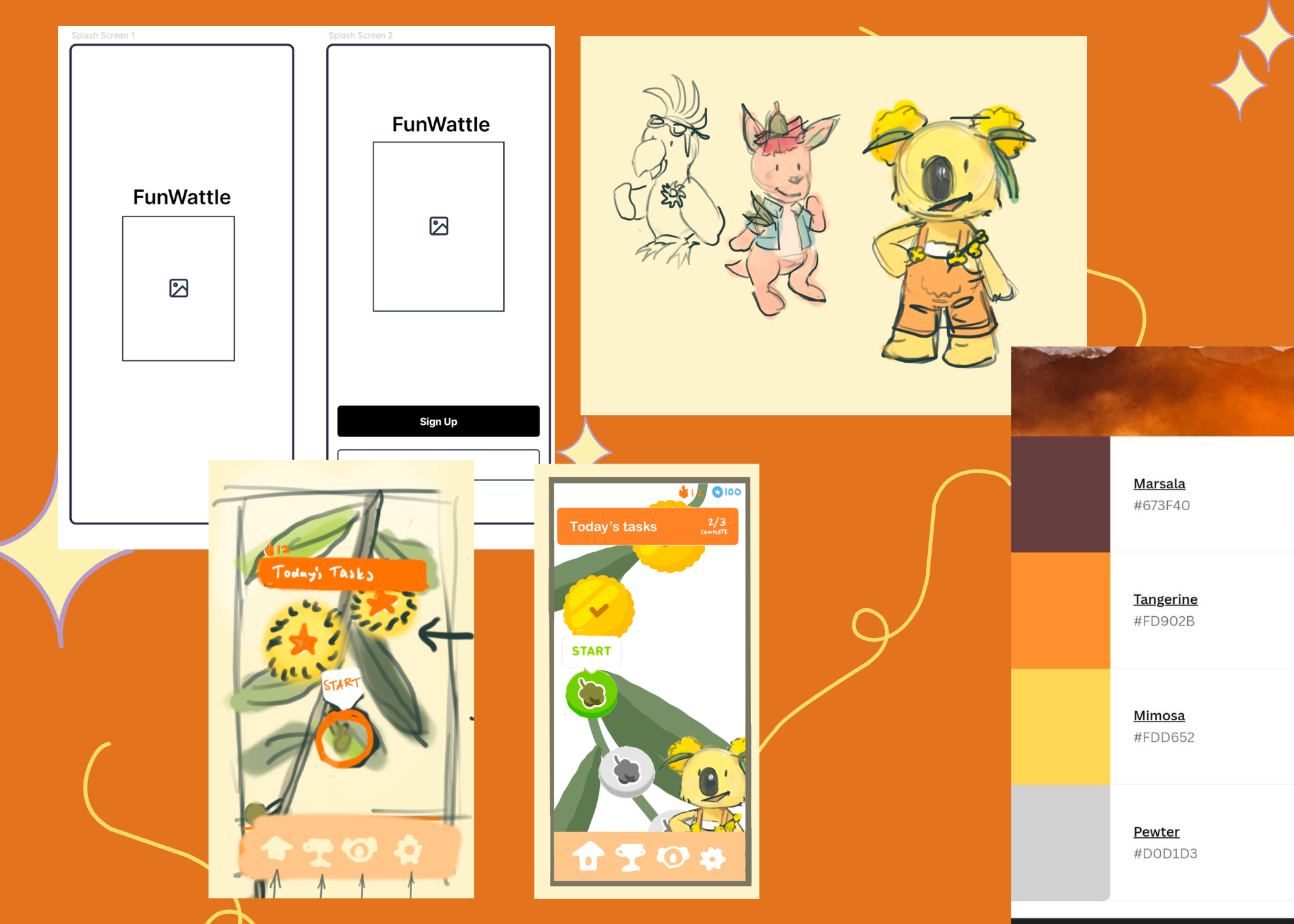 A look at the early sketches, wireframes and moodboard of the Funwattle child dashboard design, ensuring a playful feel so children like, and continue to use, the app