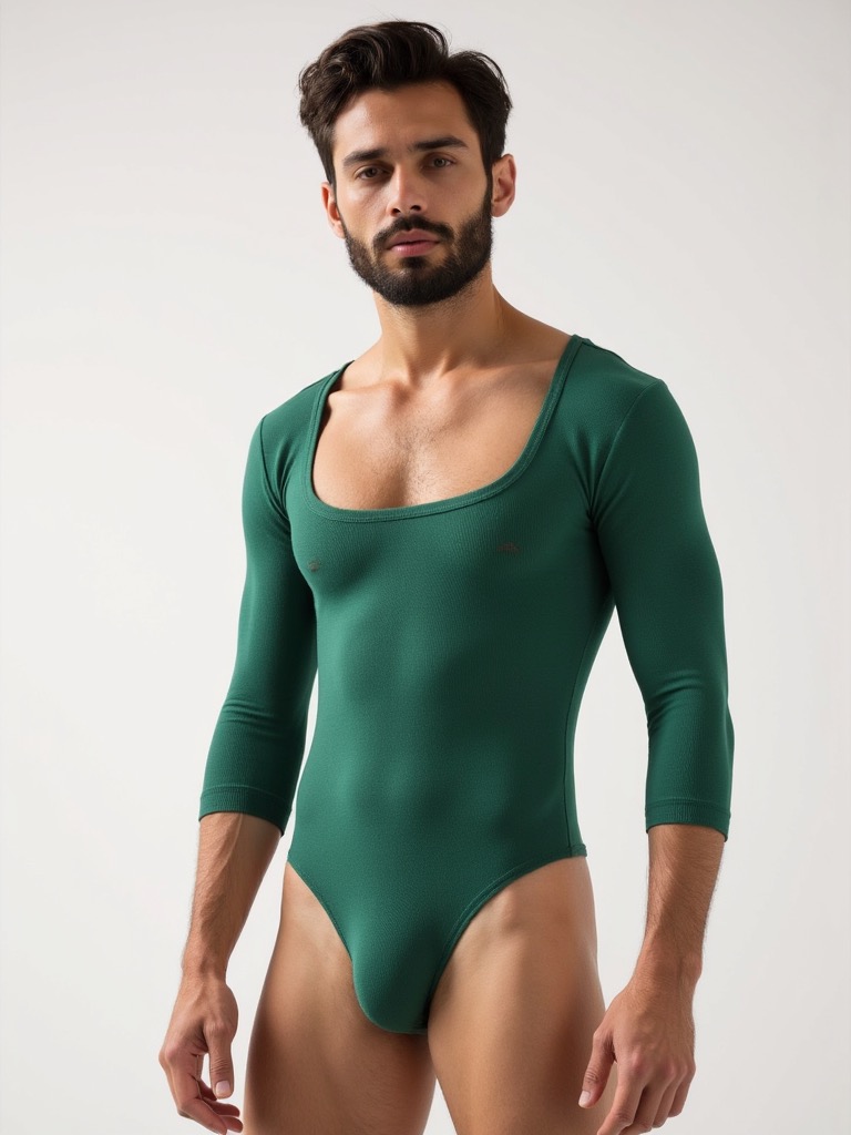 A sneaky look at one of the early NSFW generations of an artificial humanoid modelling a men's leotard (where was this at NYFW??)